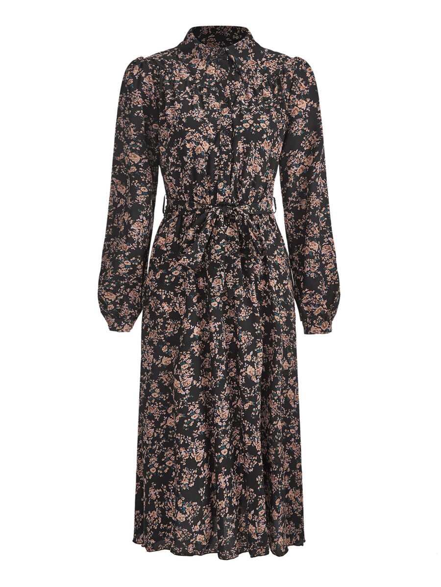 Avignon Floral Print Long Sleeve Belted Midi Shirt Dress