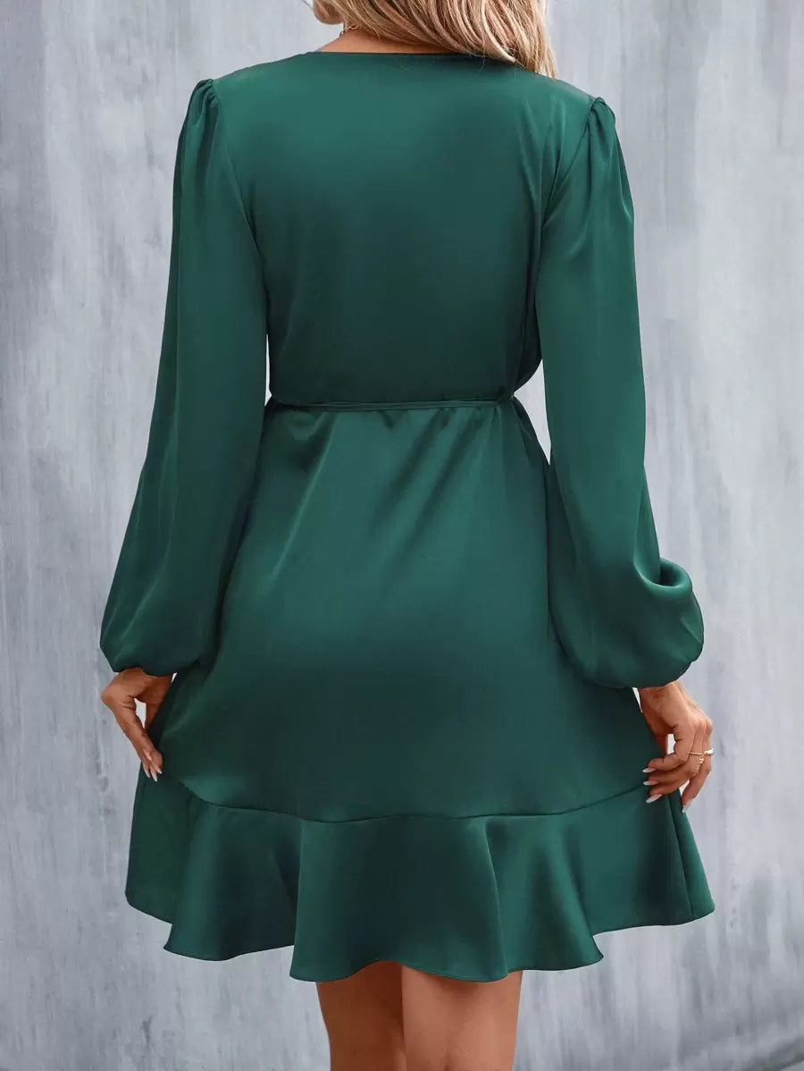 Women's Satin Wrap Dress, Tie Waist Ruffle Hem Silky Dress for Wedding Guest and Evening - Orange