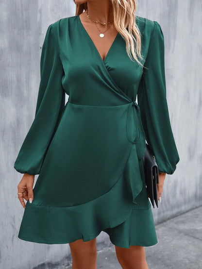 Women's Satin Wrap Dress, Tie Waist Ruffle Hem Silky Dress for Wedding Guest and Evening - Navy Blue