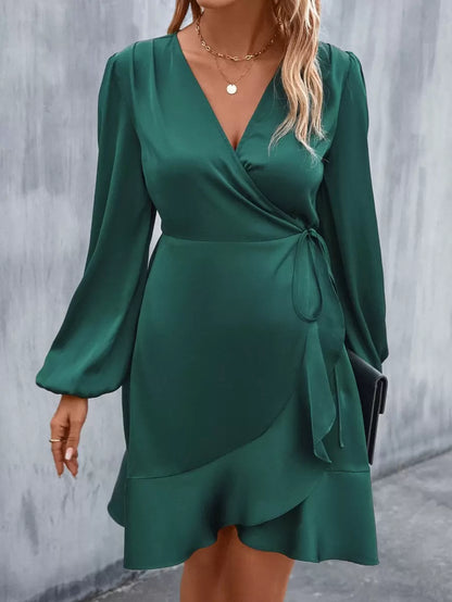 Women's Satin Wrap Dress, Tie Waist Ruffle Hem Silky Dress for Wedding Guest and Evening - Green
