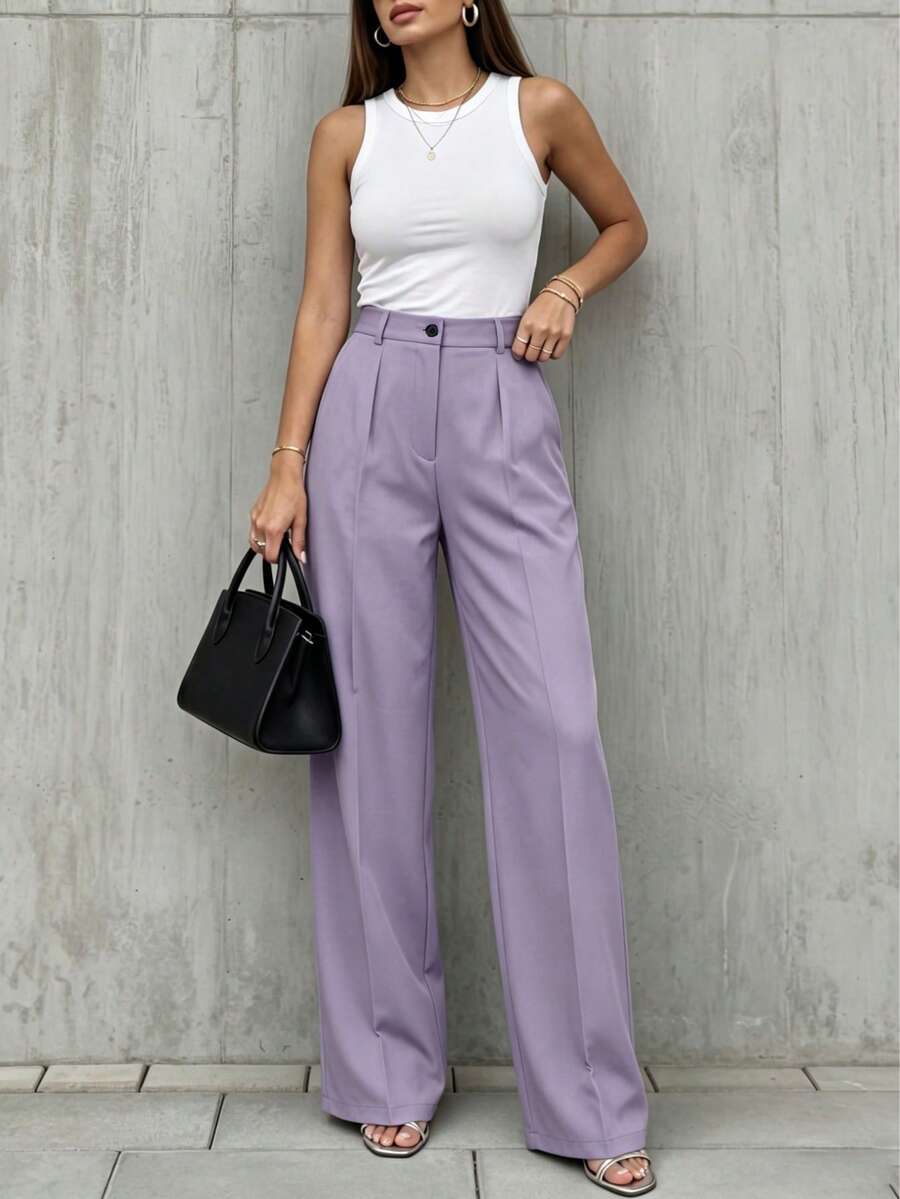 Simone High-Waist Pleated Wide-Leg Trousers with Pockets - Mauve Purple