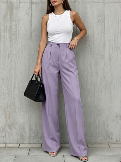 Simone High-Waist Pleated Wide-Leg Trousers with Pockets - Mauve Purple