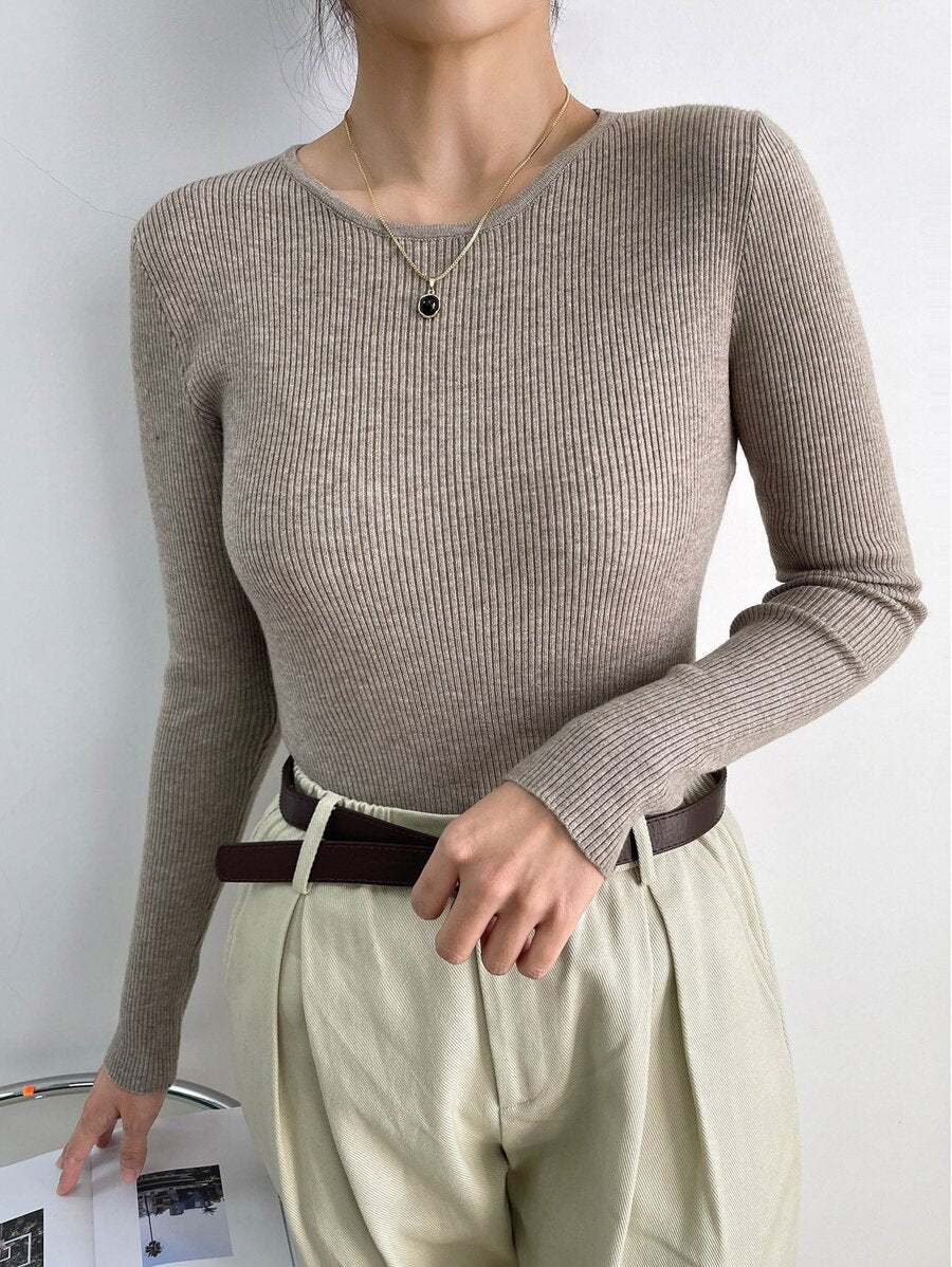 Krakow Ribbed Knit Crew Neck Fitted Pullover Sweater