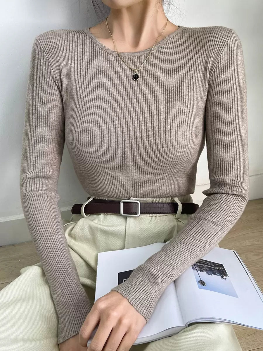 Krakow Ribbed Knit Crew Neck Fitted Pullover Sweater
