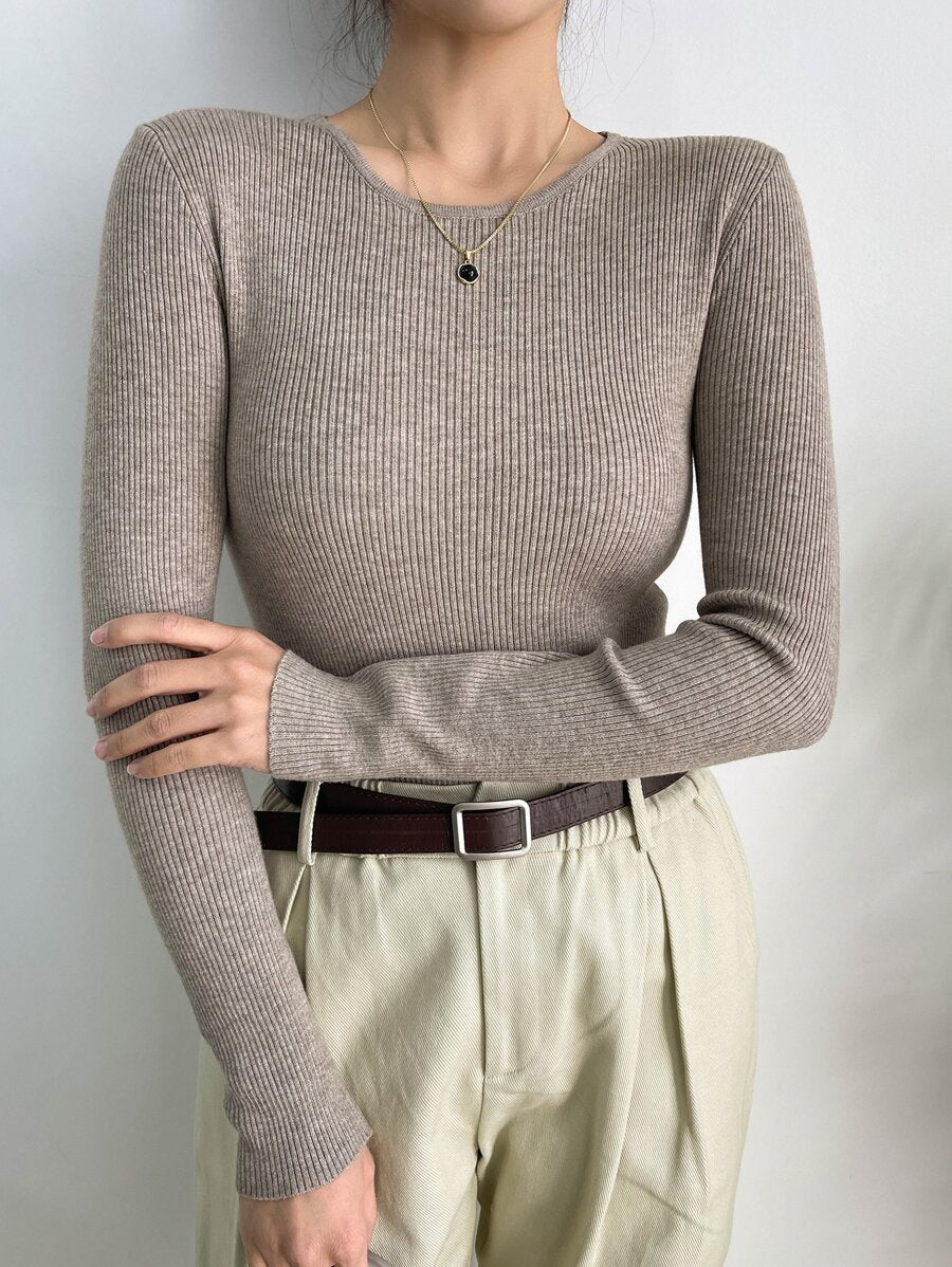 Krakow Ribbed Knit Crew Neck Fitted Pullover Sweater