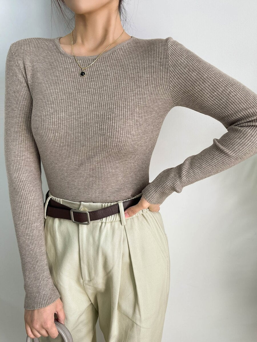 Krakow Ribbed Knit Crew Neck Fitted Pullover Sweater