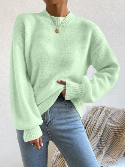Viola Relaxed Mock Neck Sweater with Drop Shoulders - Mint Green