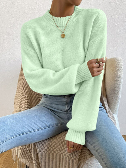 Viola Relaxed Mock Neck Sweater with Drop Shoulders - Mint Green
