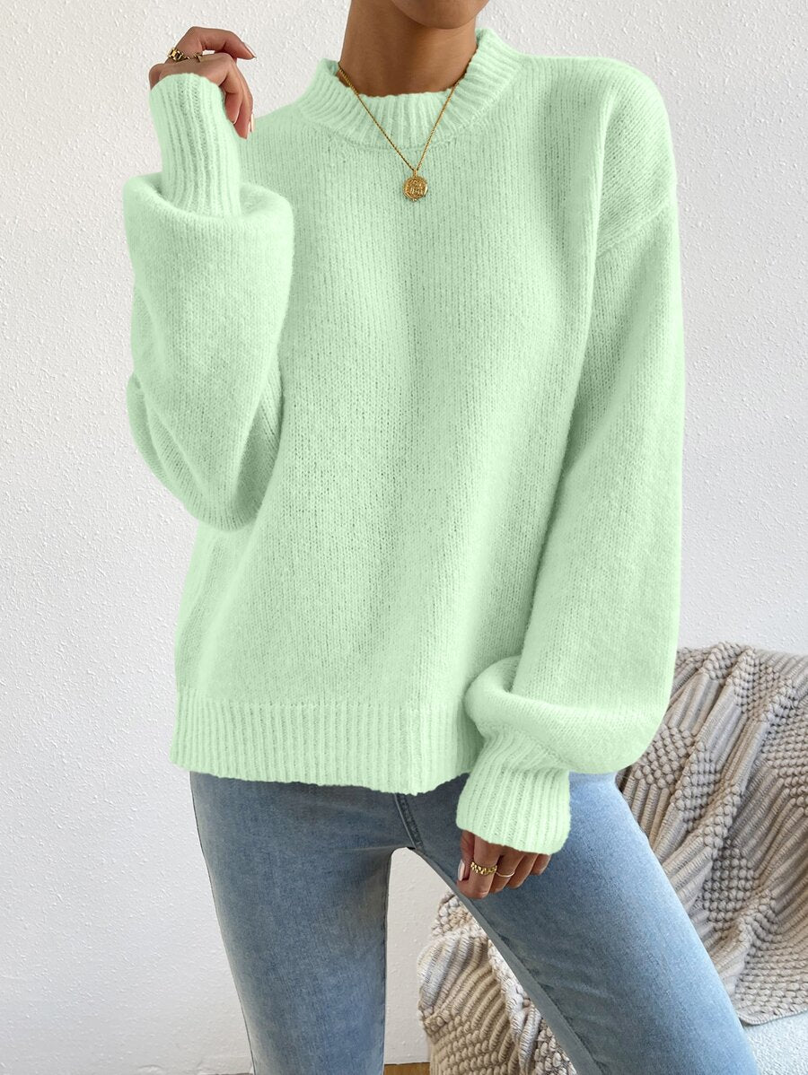 Viola Relaxed Mock Neck Sweater with Drop Shoulders - Mint Green