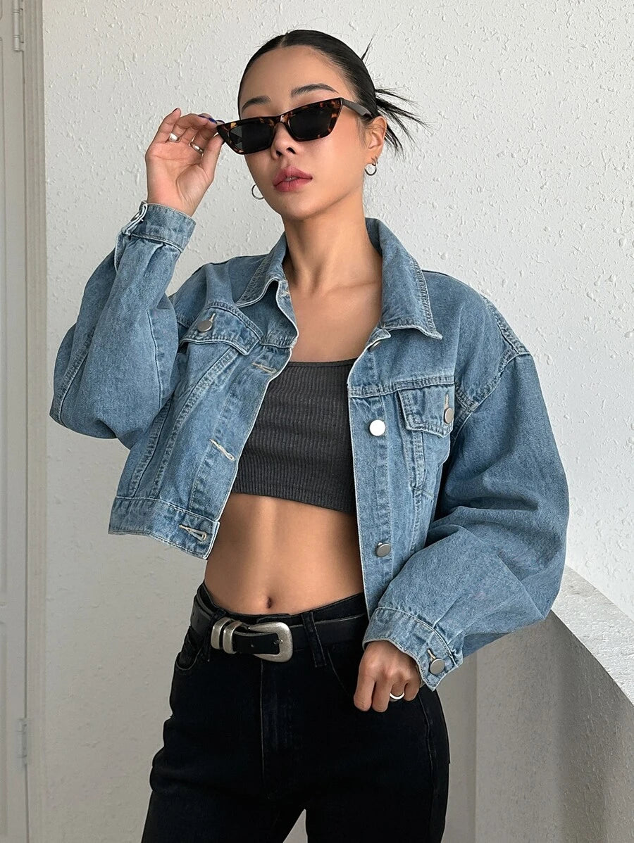 Helena Drop Shoulder Crop Denim Jacket - Beige