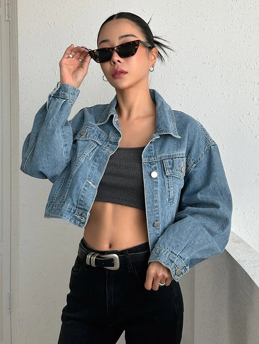 Helena Drop Shoulder Crop Denim Jacket - Beige