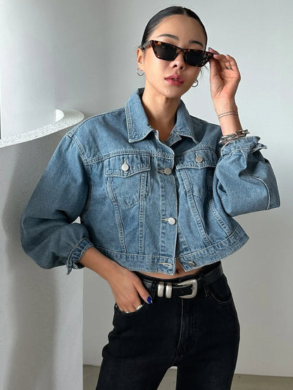 Helena Drop Shoulder Crop Denim Jacket - Grey