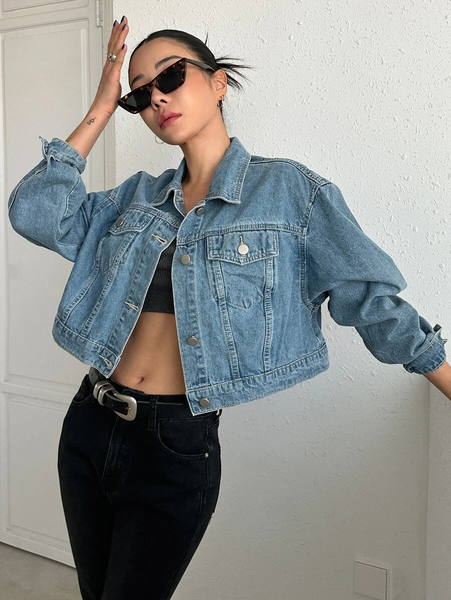 Helena Drop Shoulder Crop Denim Jacket - Dark Wash