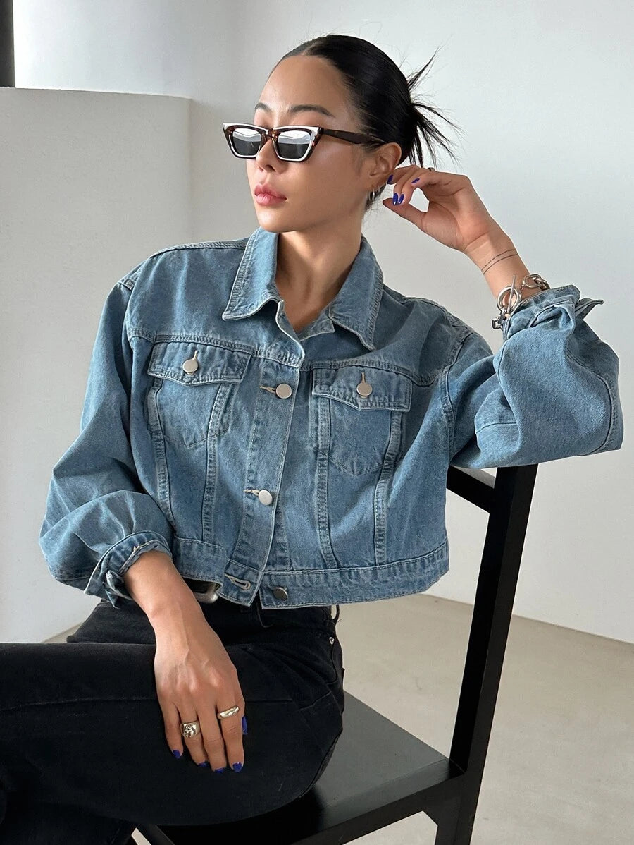 Helena Drop Shoulder Crop Denim Jacket - Medium Wash