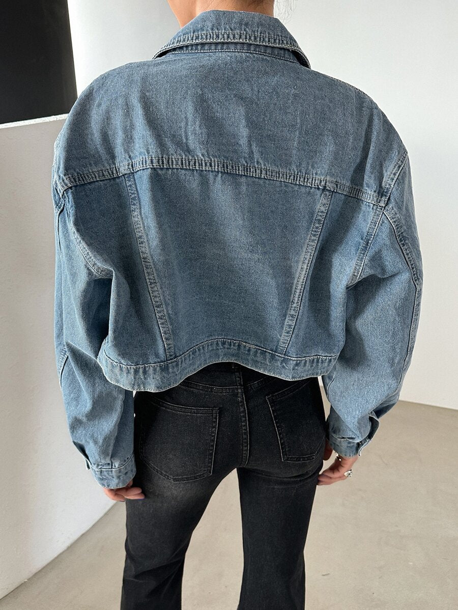 Helena Drop Shoulder Crop Denim Jacket - Beige