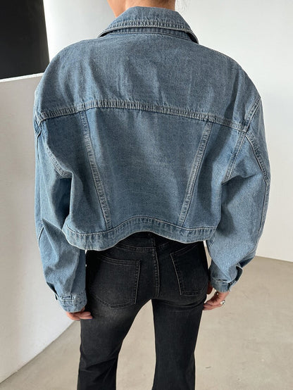 Helena Drop Shoulder Crop Denim Jacket - Beige