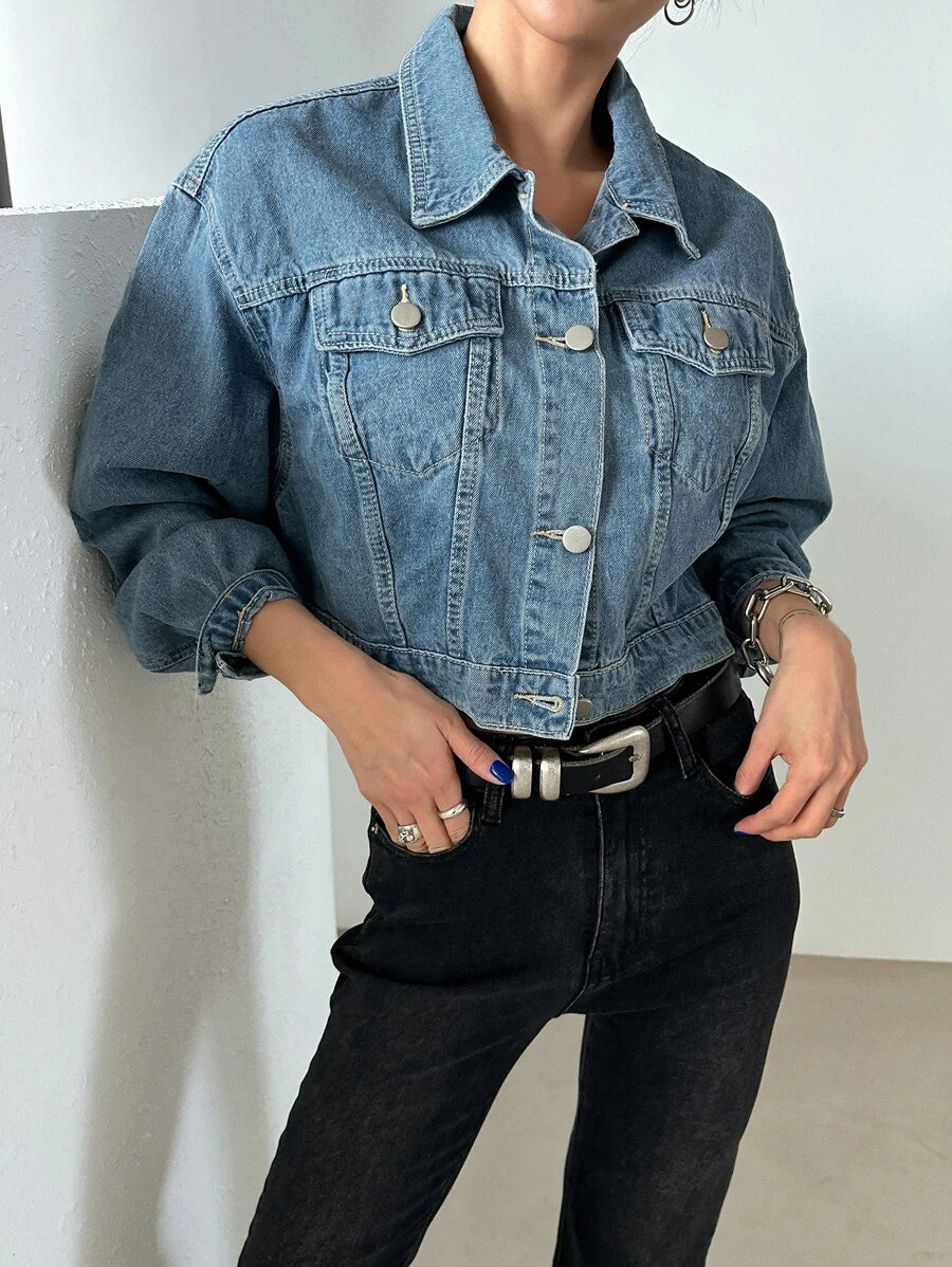 Helena Drop Shoulder Crop Denim Jacket - Grey