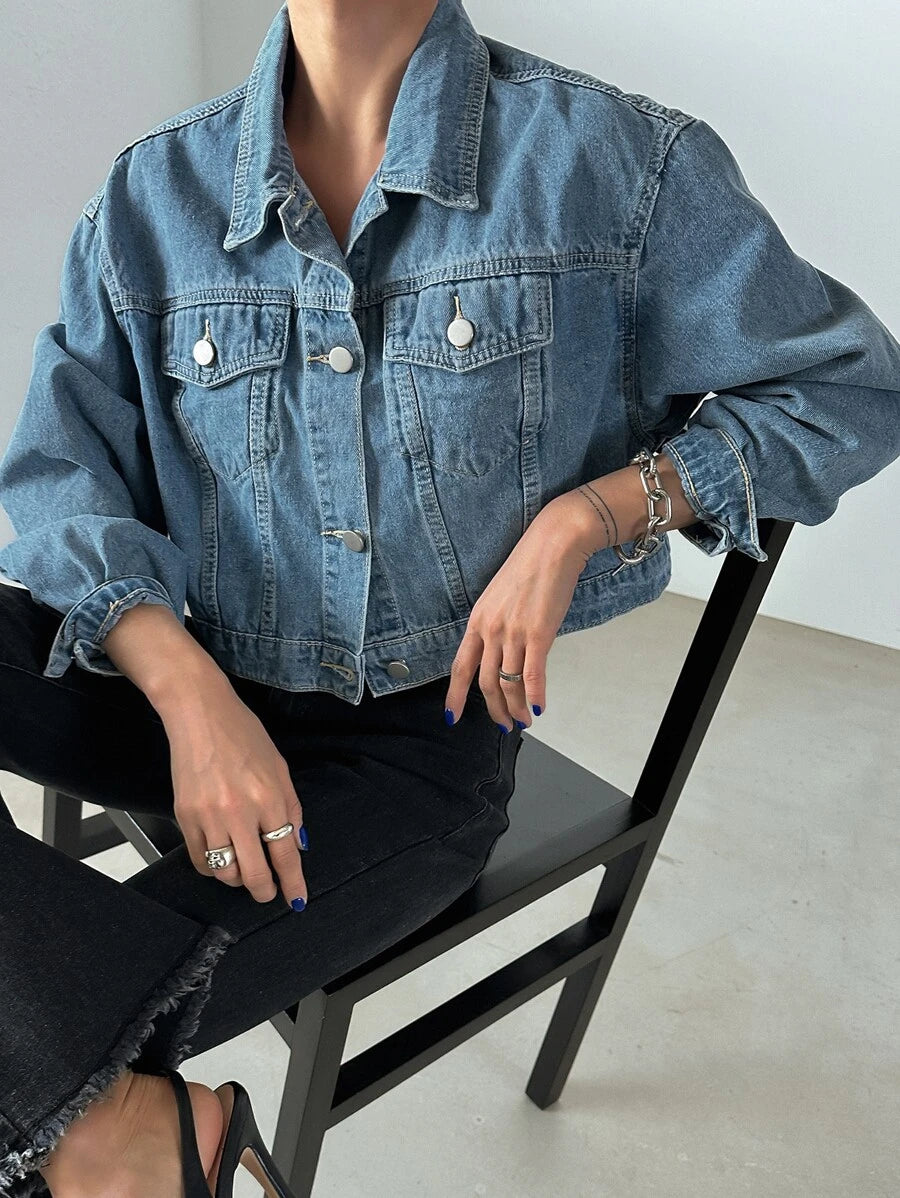 Helena Drop Shoulder Crop Denim Jacket - Dark Wash