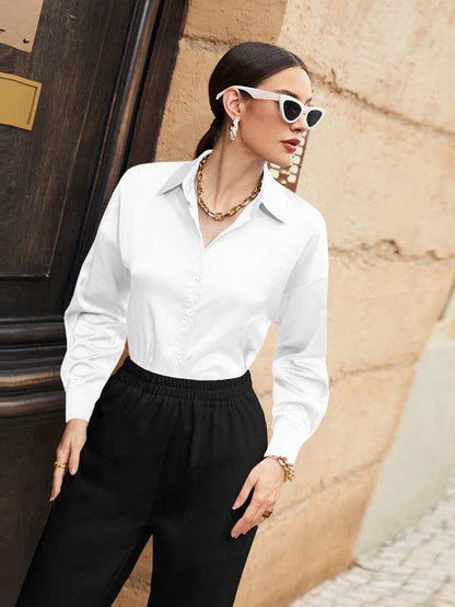 Women's Satin Button Front Long Sleeve Shirt, Silky Stretch Blouse for Work and Evening - White