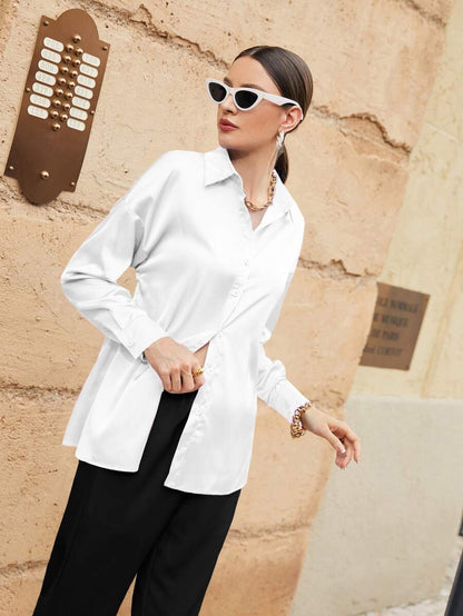 Women's Satin Button Front Long Sleeve Shirt, Silky Stretch Blouse for Work and Evening - Champagne