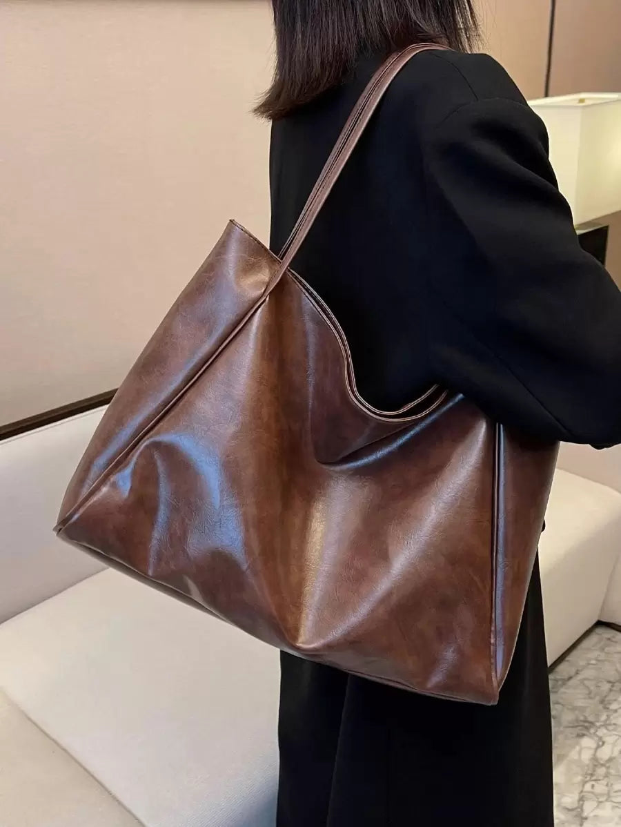 Women's Large Faux Leather Tote Bag, Vintage Shoulder Purse for Work and Travel