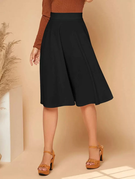 Leonie High Waist Wide Waistband Flared Knit Midi Skirt - Black