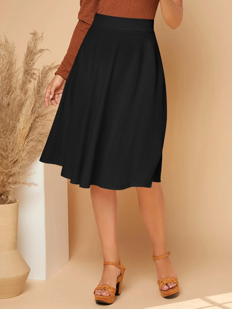 Leonie High Waist Wide Waistband Flared Knit Midi Skirt - Black
