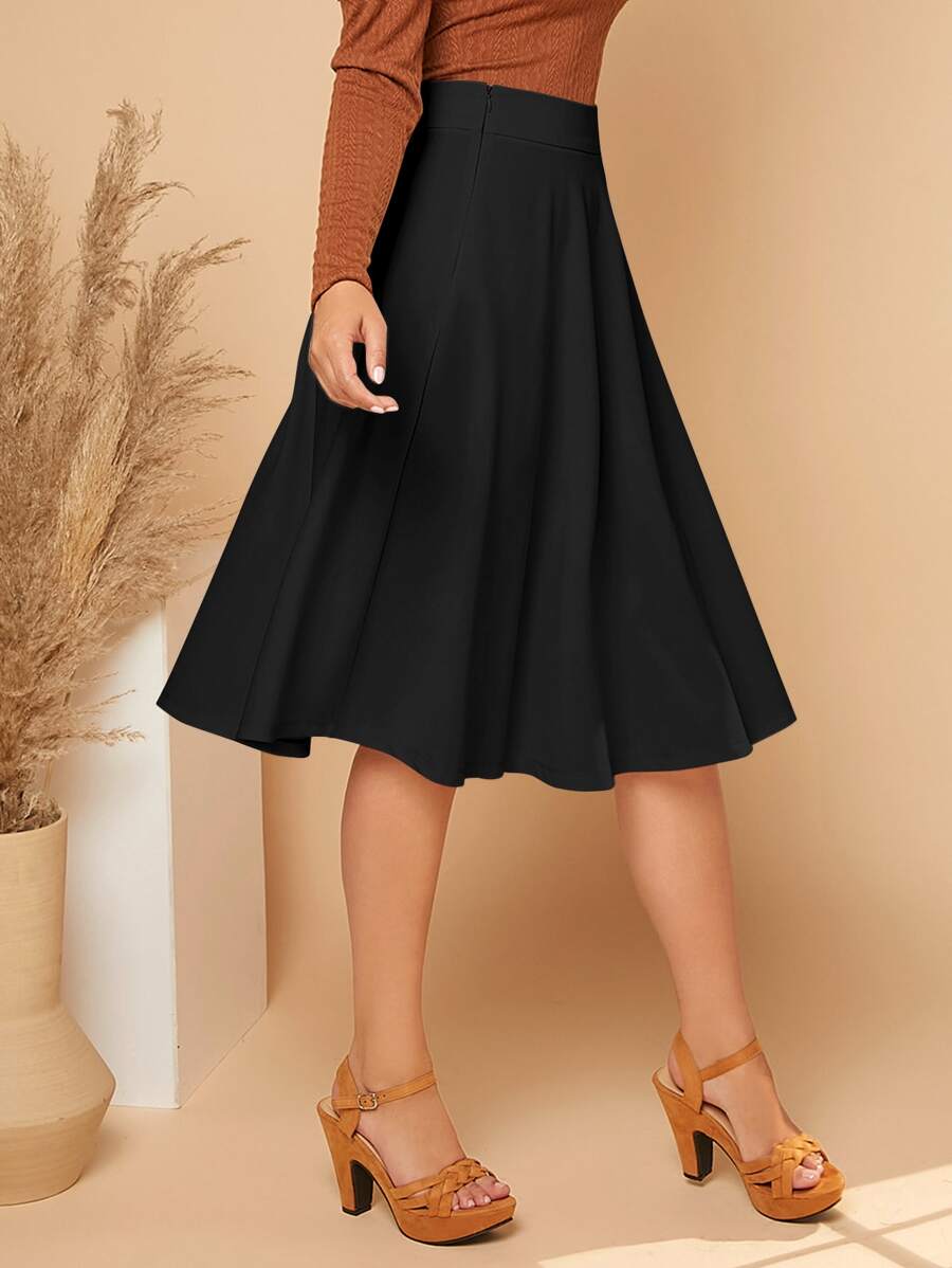 Leonie High Waist Wide Waistband Flared Knit Midi Skirt - Black