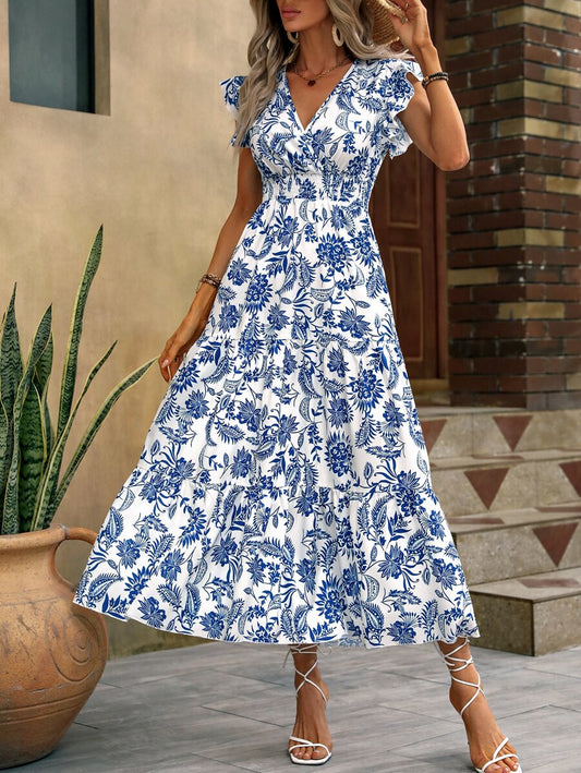 SHEIN Clasi New Floral Print Butterfly Sleeve Ruffle Hem Sexy Bohemian Maxi Dress For Vacation & Commute Mensa