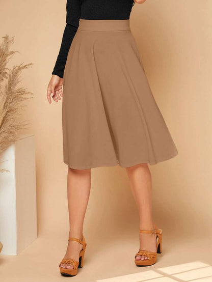 Leonie High Waist Wide Waistband Flared Knit Midi Skirt - Camel