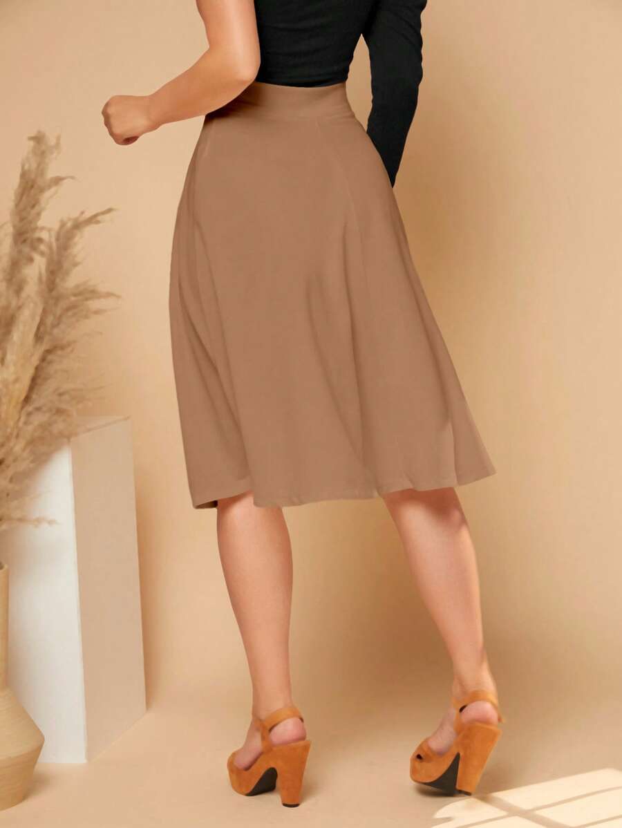 Leonie High Waist Wide Waistband Flared Knit Midi Skirt - Camel