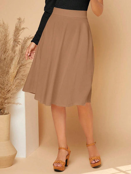 Leonie High Waist Wide Waistband Flared Knit Midi Skirt - Camel