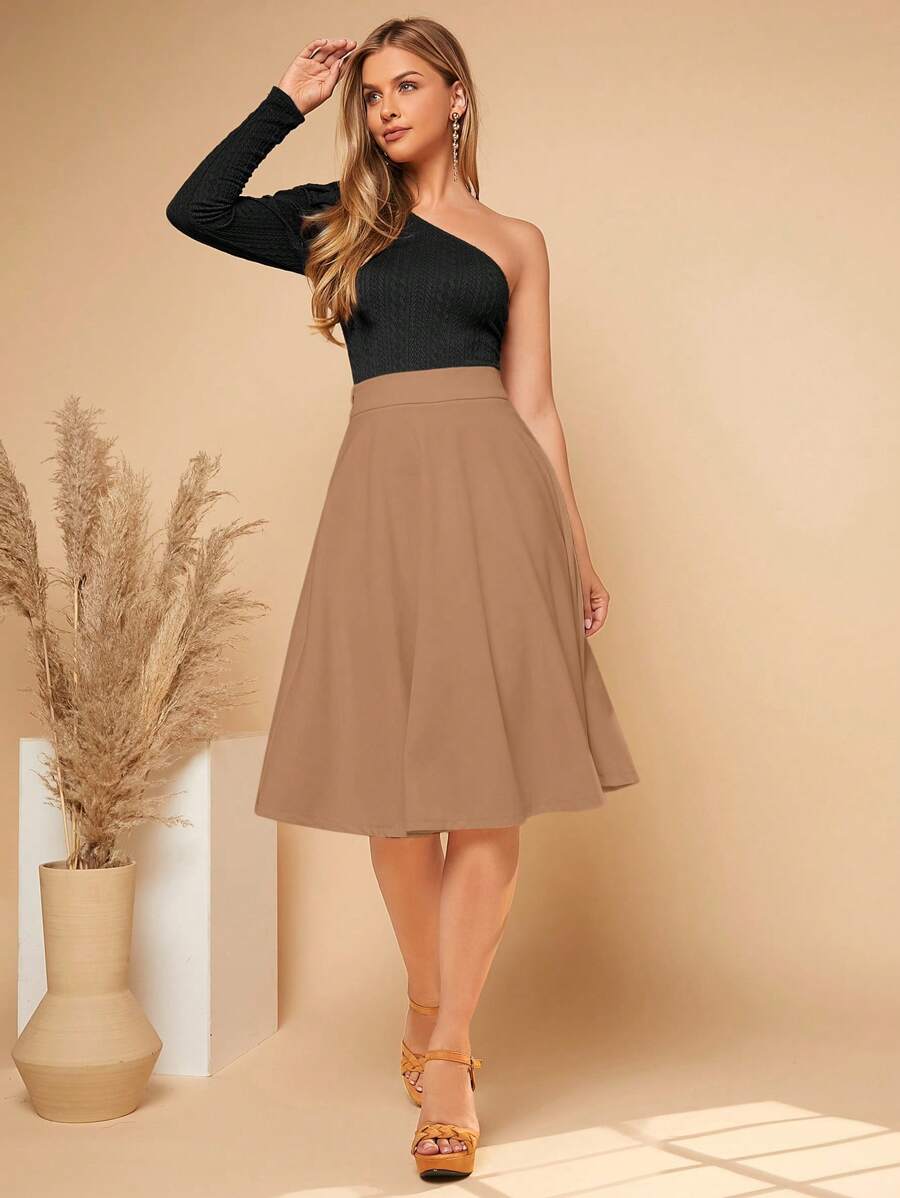 Leonie High Waist Wide Waistband Flared Knit Midi Skirt - Camel