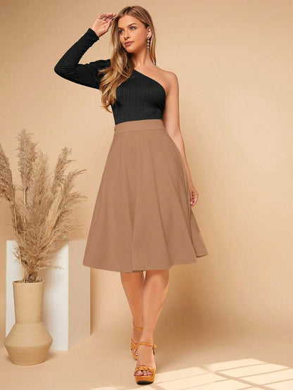Leonie High Waist Wide Waistband Flared Knit Midi Skirt - Camel