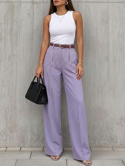 Simone High-Waist Pleated Wide-Leg Trousers with Pockets - Mauve Purple