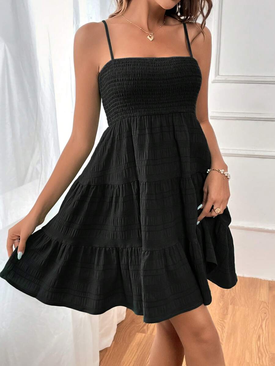 Soleia Women's Summer Holiday Solid Color Spaghetti Strap Dress With Ruffled Hem Mensa