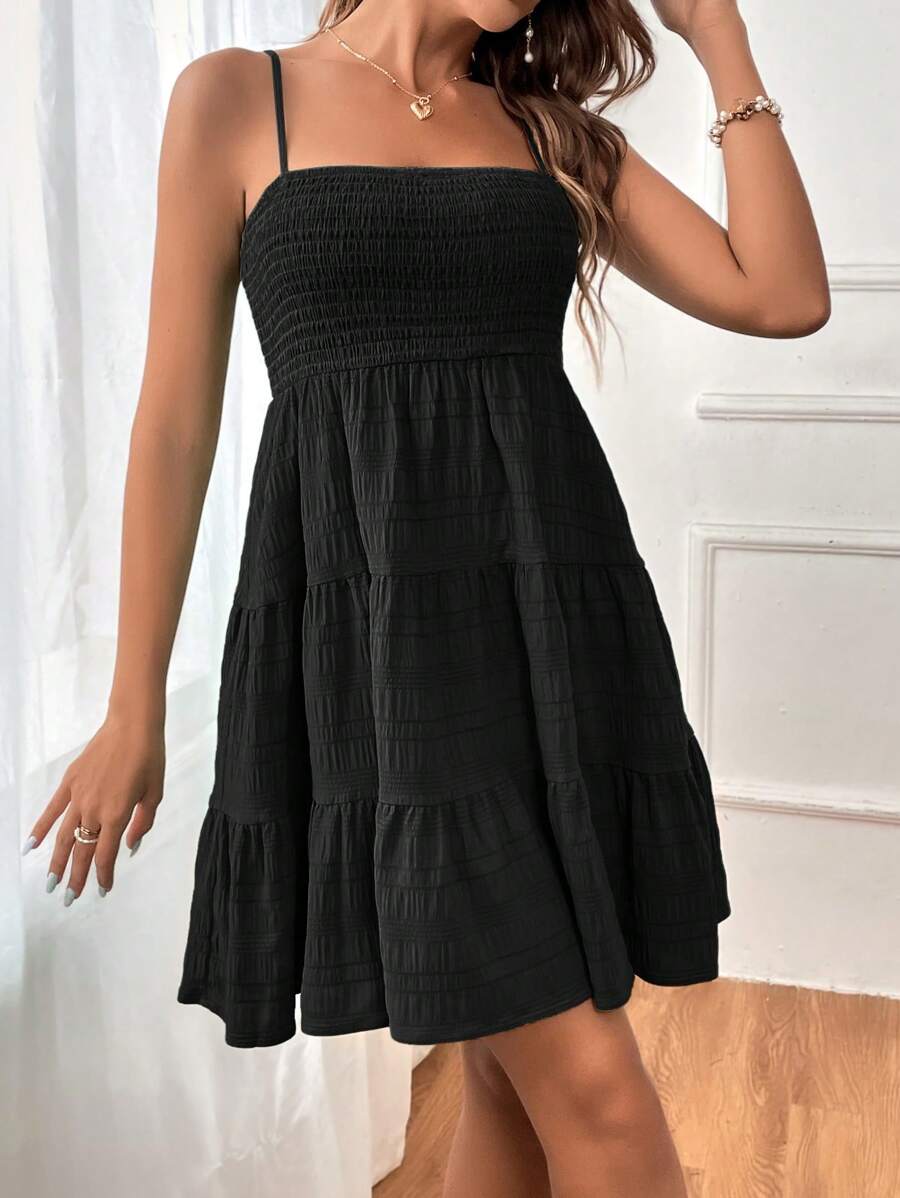 Soleia Women's Summer Holiday Solid Color Spaghetti Strap Dress With Ruffled Hem Mensa