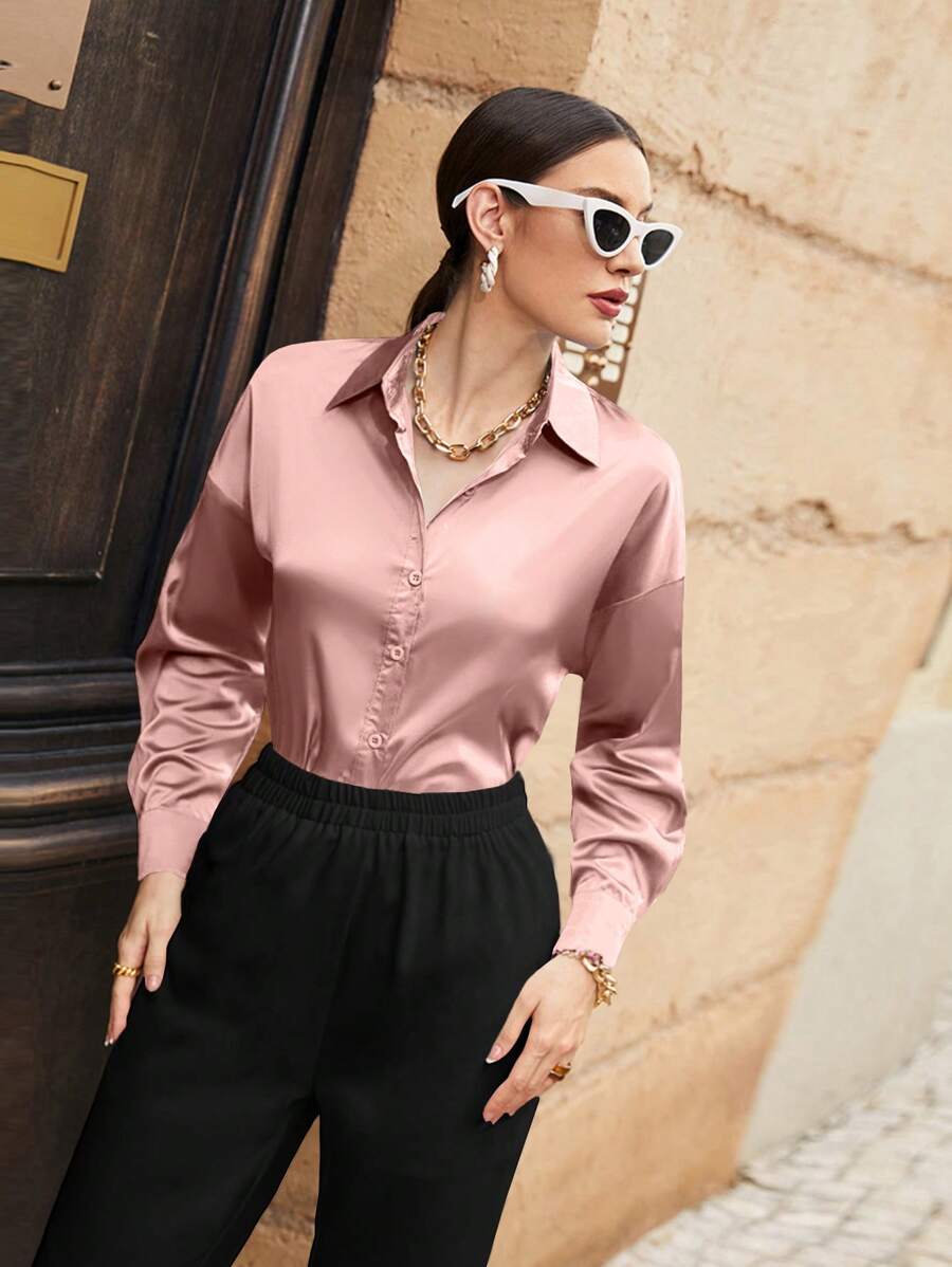 Women's Satin Button Front Long Sleeve Shirt, Silky Stretch Blouse for Work and Evening - Black