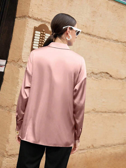 Women's Satin Button Front Long Sleeve Shirt, Silky Stretch Blouse for Work and Evening - White