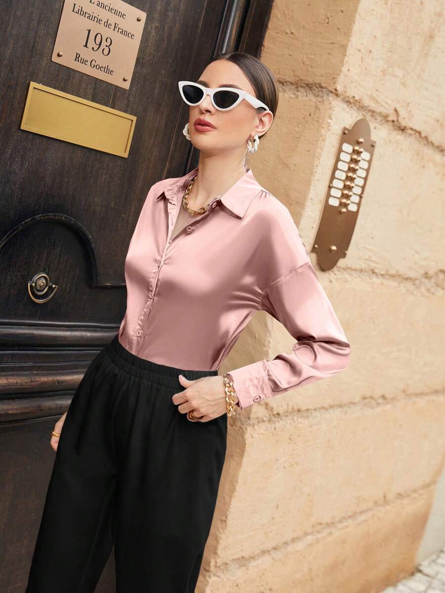 Women's Satin Button Front Long Sleeve Shirt, Silky Stretch Blouse for Work and Evening - Burgundy