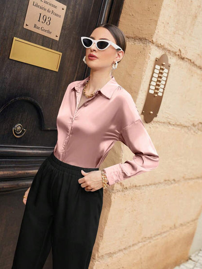 Women's Satin Button Front Long Sleeve Shirt, Silky Stretch Blouse for Work and Evening - Burgundy