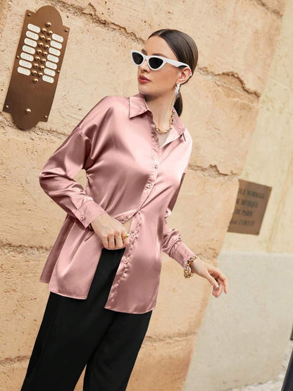 Women's Satin Button Front Long Sleeve Shirt, Silky Stretch Blouse for Work and Evening - Pink