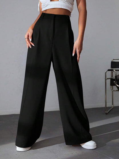 Carlotta High Waisted Straight Leg Trousers with Zip Fly - Black