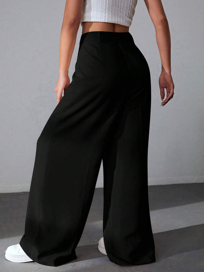Carlotta High Waisted Straight Leg Trousers with Zip Fly - Black