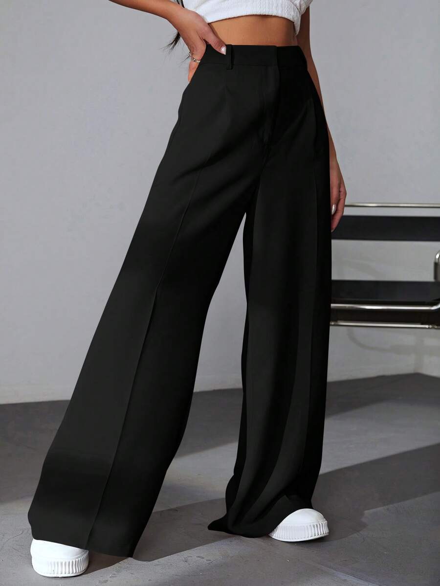 Carlotta High Waisted Straight Leg Trousers with Zip Fly - Black