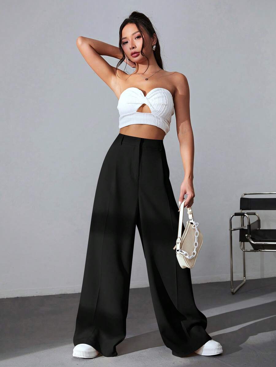 Carlotta High Waisted Straight Leg Trousers with Zip Fly - Black