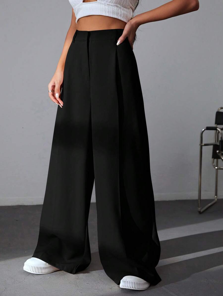 Carlotta High Waisted Straight Leg Trousers with Zip Fly - Black