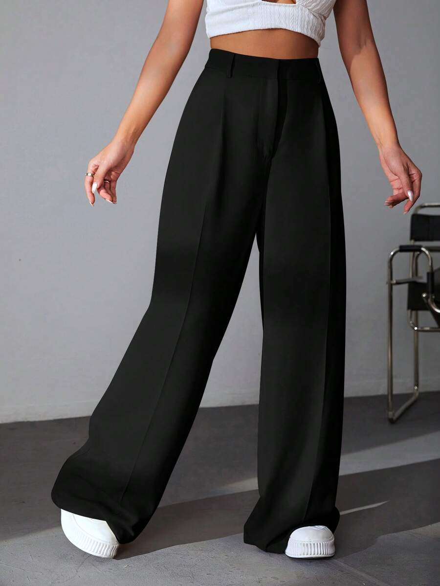 Carlotta High Waisted Straight Leg Trousers with Zip Fly - Black