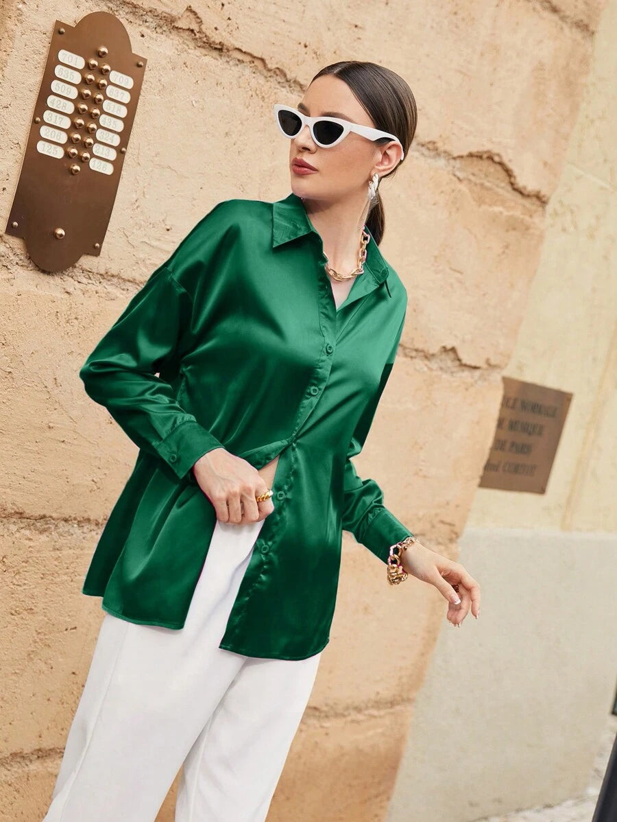Women's Satin Button Front Long Sleeve Shirt, Silky Stretch Blouse for Work and Evening - Olive Green