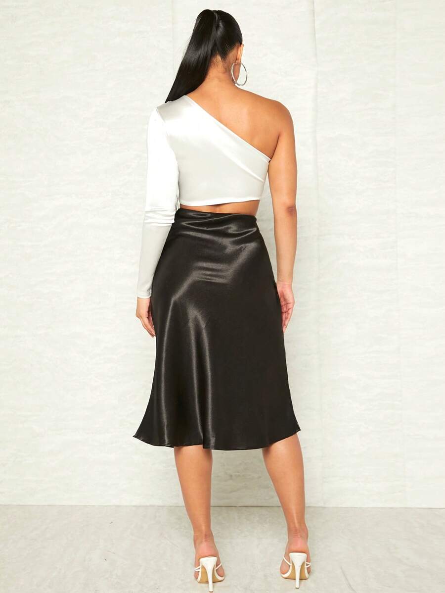 Women's Satin Midi Skirt, Side Zip Silky A-Line Skirt for Evening and Wedding Guest - Brown